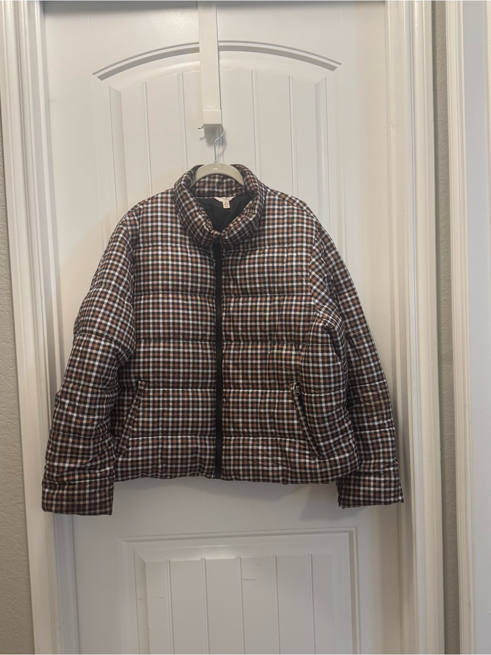 Time and Tru Women's Neutral Gingham Puffer Check Jacket Zip Pockets Quilted XL